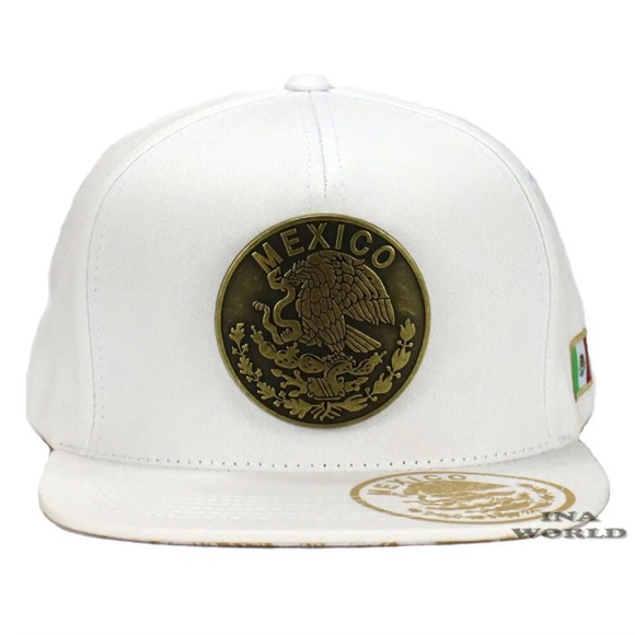 Mexican Hat Mexico Metallic Brass Eagle Logo Snapback Flat Bill Baseball Cap - Picture 3 of 8